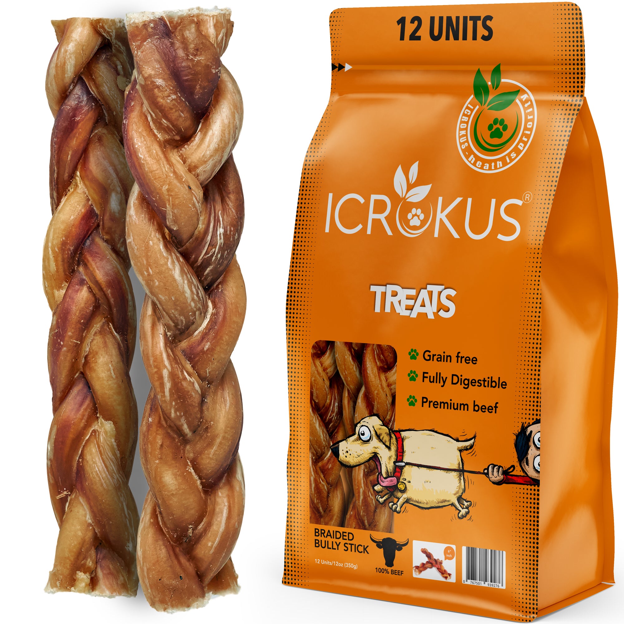 icrokus, braided, bully, sticks, dogs, 100, natural, 6-inch, beef, pizzle, long-lasting, dog, chews, high, protein, low fat, stick, 12, pack