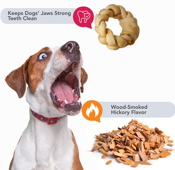 icrokus, natural, braided, rawhides, dogs, rawhide, dog, treats, digestible, chews, rings, free, range, grass, fed, treat, donut, 5, inches, set, 3, units, smoked, hickory