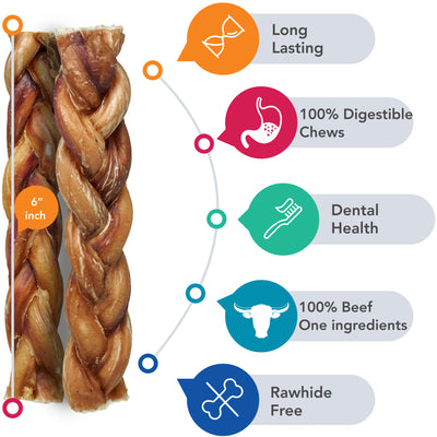 Braided Bully Sticks - 100% Natural 6-Inch (12 Pack)