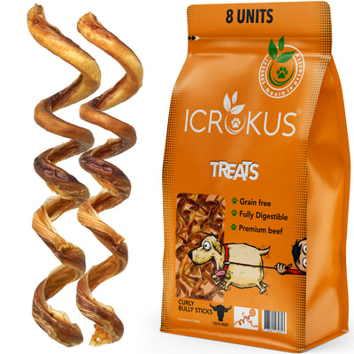 Curly Bully Sticks for Dogs - 100% Natural 7-10 Inch (8 Pack)