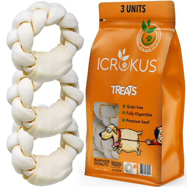 icrokus, natural, braided, rawhides, dogs, rawhide, dog, treats, digestible, chews, rings, free, range, grass, fed, treat, donut, 5, inches, set, 3, units, no, odor